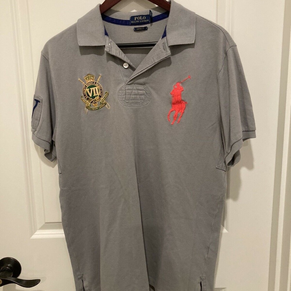 Polo by Ralph Lauren Men's Gray Short-Sleeve Polo Shirt with Red Logo